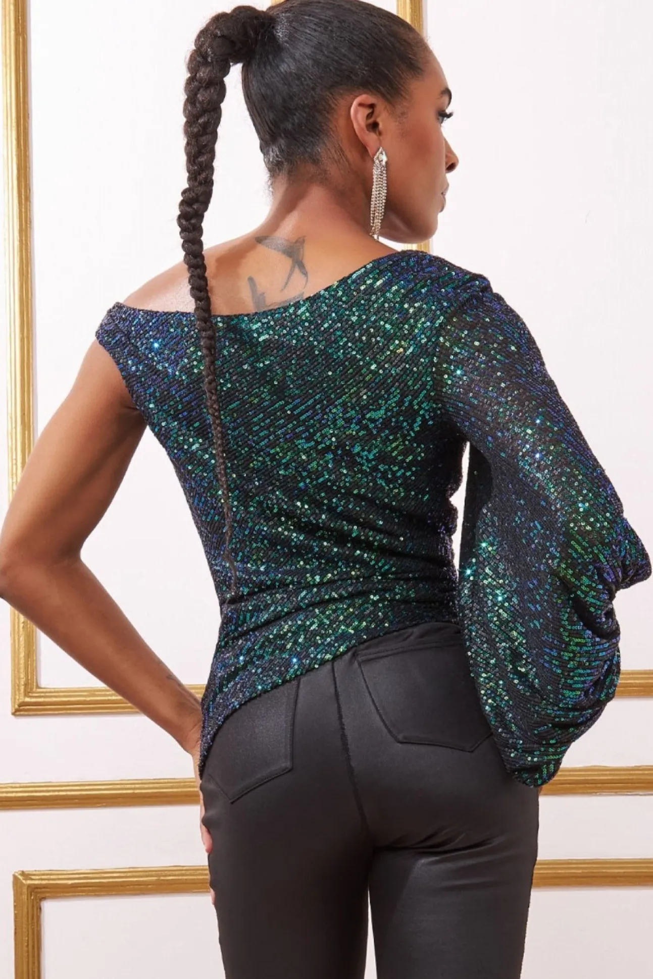 Women * Asymmetric Sequin Balloon Sleeve Top