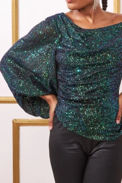 Women * Asymmetric Sequin Balloon Sleeve Top