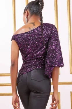 Women * Asymmetric Sequin Balloon Sleeve Top
