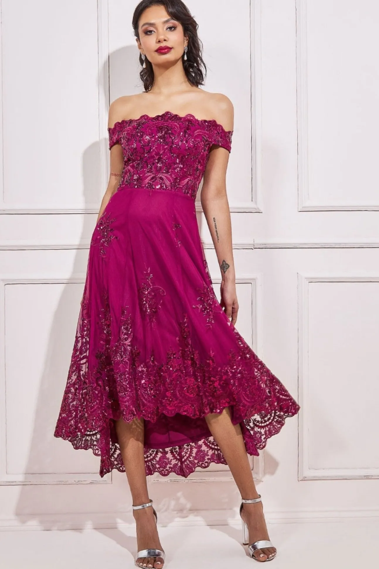 Women * Bardot Sequin & Lace High Low Midi