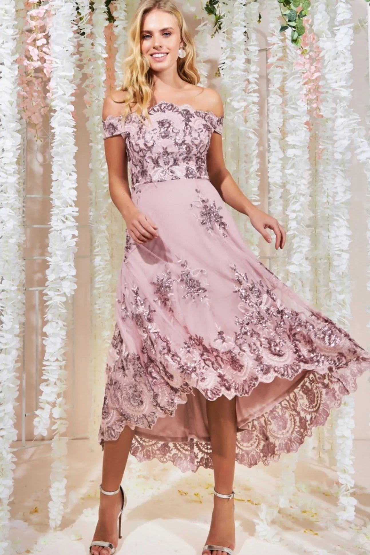 Women * Bardot Sequin & Lace High Low Midi