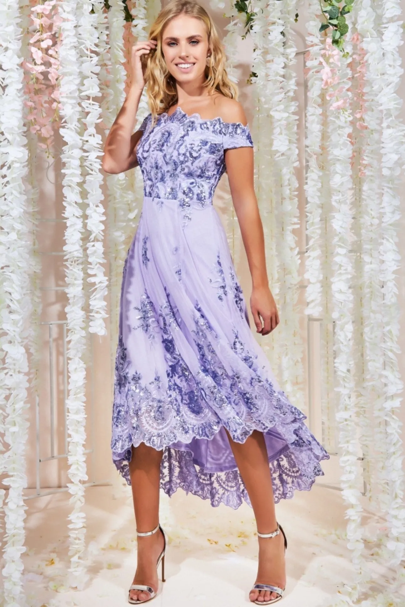 Women * Bardot Sequin & Lace High Low Midi