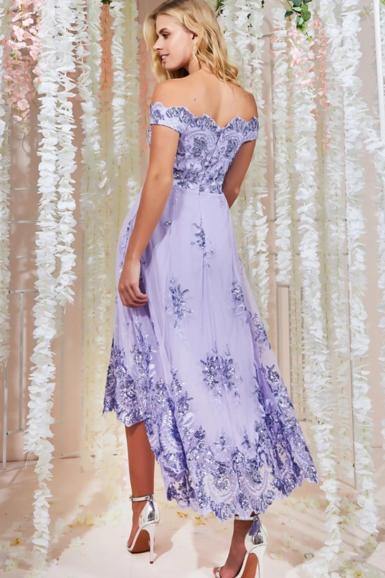 Women * Bardot Sequin & Lace High Low Midi