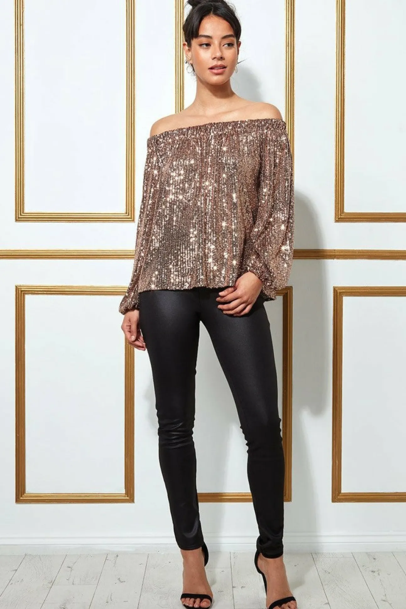 Women * Bardot Sequin Crop Top With Cuffed Sleeves