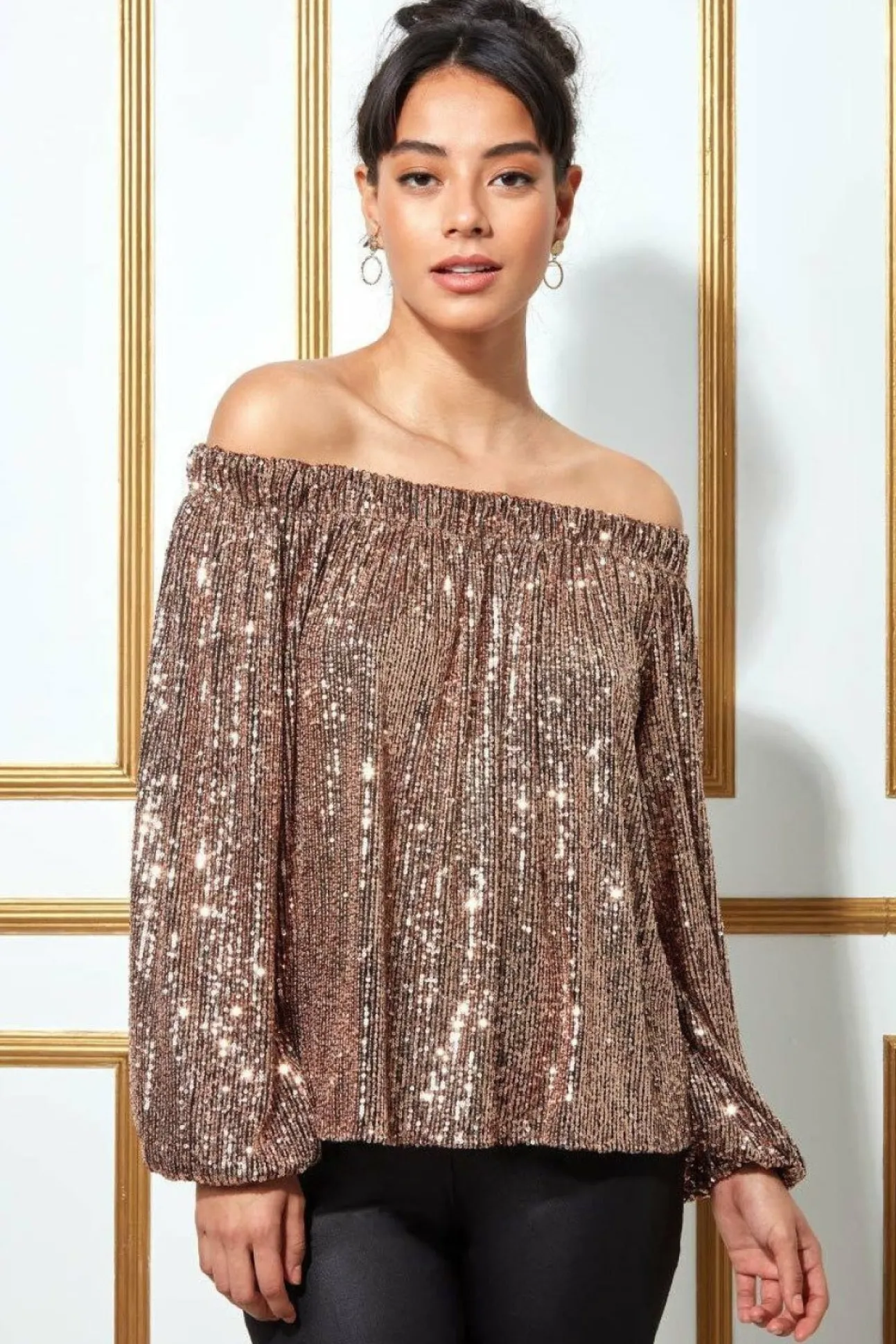 Women * Bardot Sequin Crop Top With Cuffed Sleeves