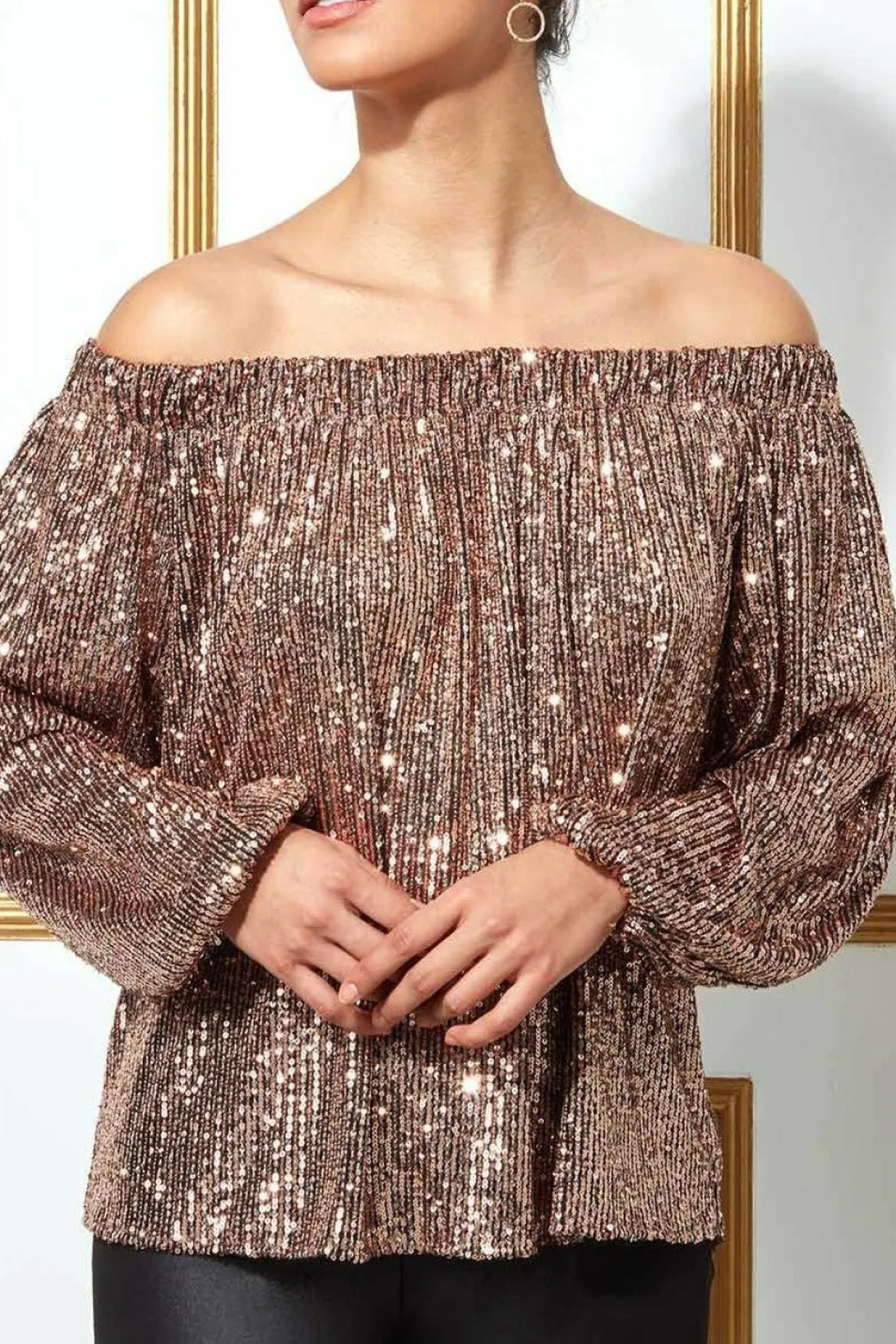 Women * Bardot Sequin Crop Top With Cuffed Sleeves