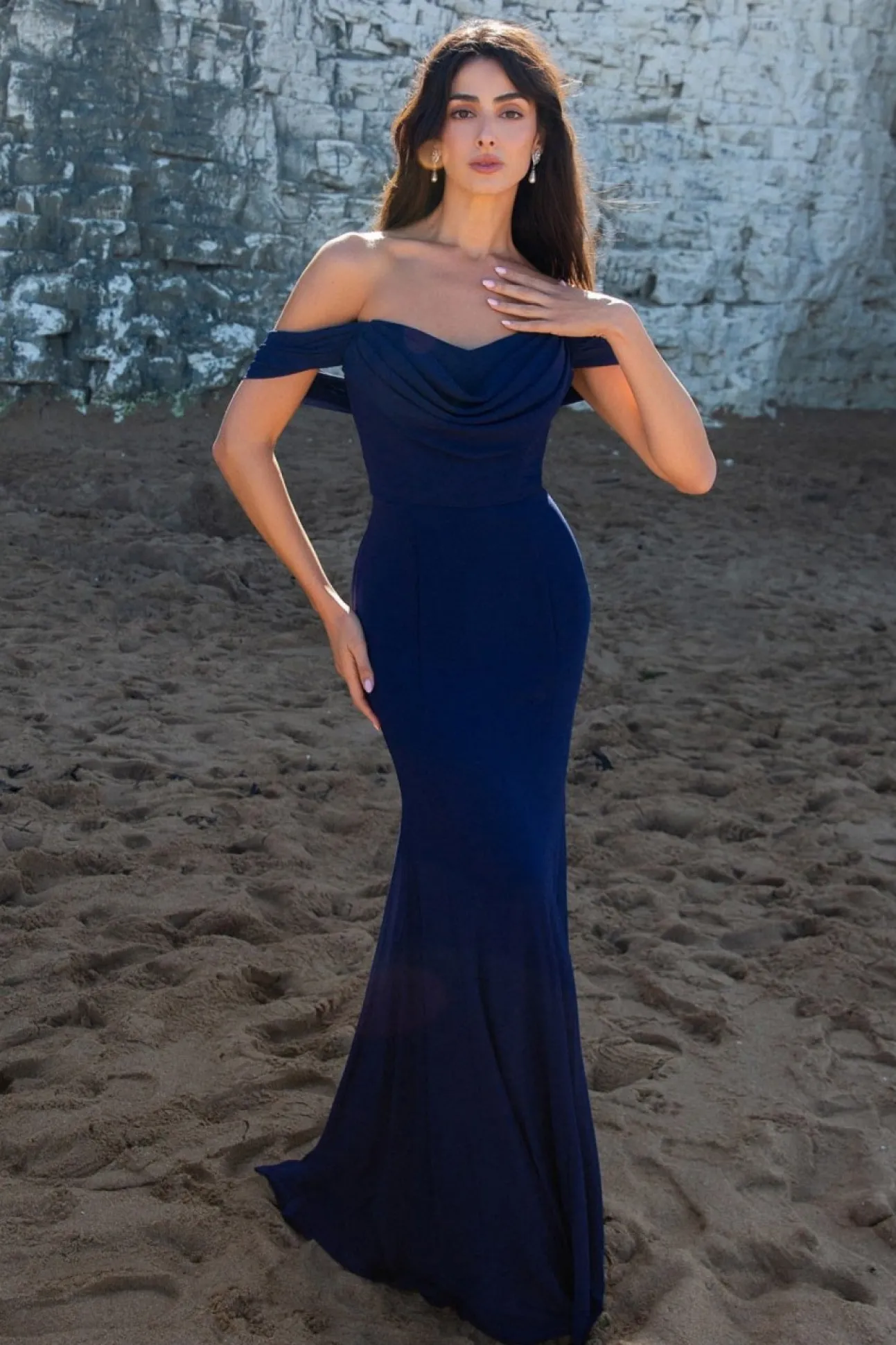 Women * Chiffon Bardot Cowl Neck Maxi Dress