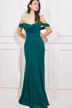 Women * Chiffon Bardot Cowl Neck Maxi Dress Green