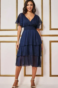 Women * Chiffon Layered Flutter Sleeve Midi Dress