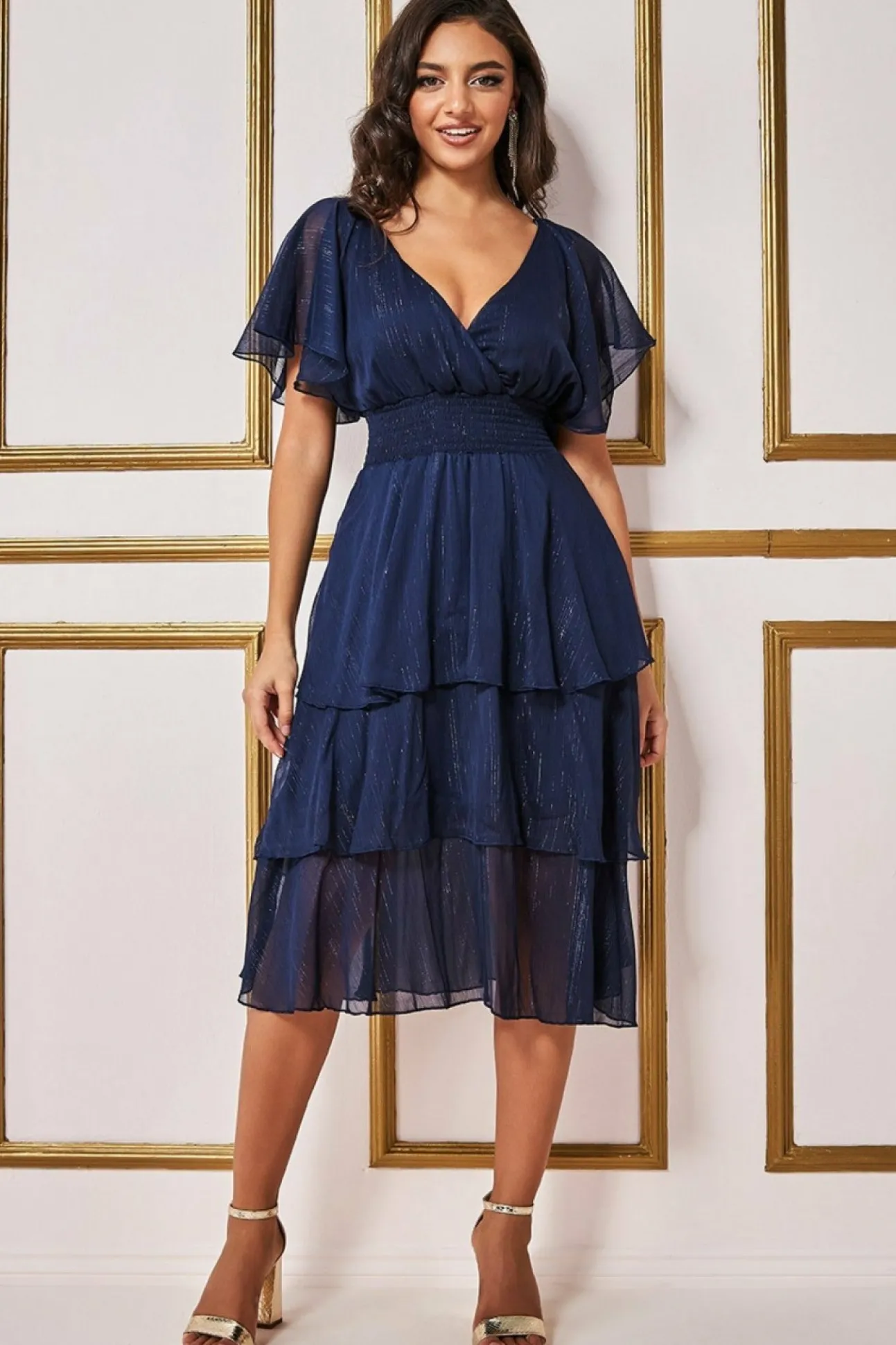 Women * Chiffon Layered Flutter Sleeve Midi Dress