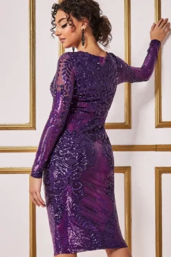 Women * Contrast Sequin Long Sleeve Midi Dress