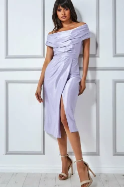Women * Cowl Neck Bardot Satin Midi Front Split