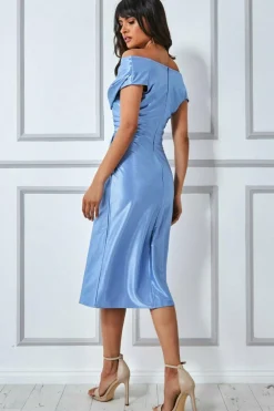 Women * Cowl Neck Bardot Satin Midi Front Split - Dusty Blue