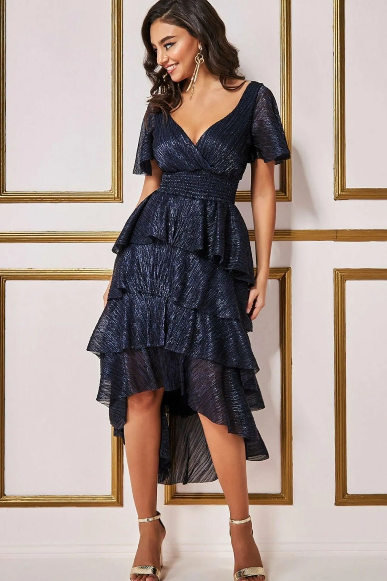 Women * Crinkle Lurex High Low Layered Midi Dress