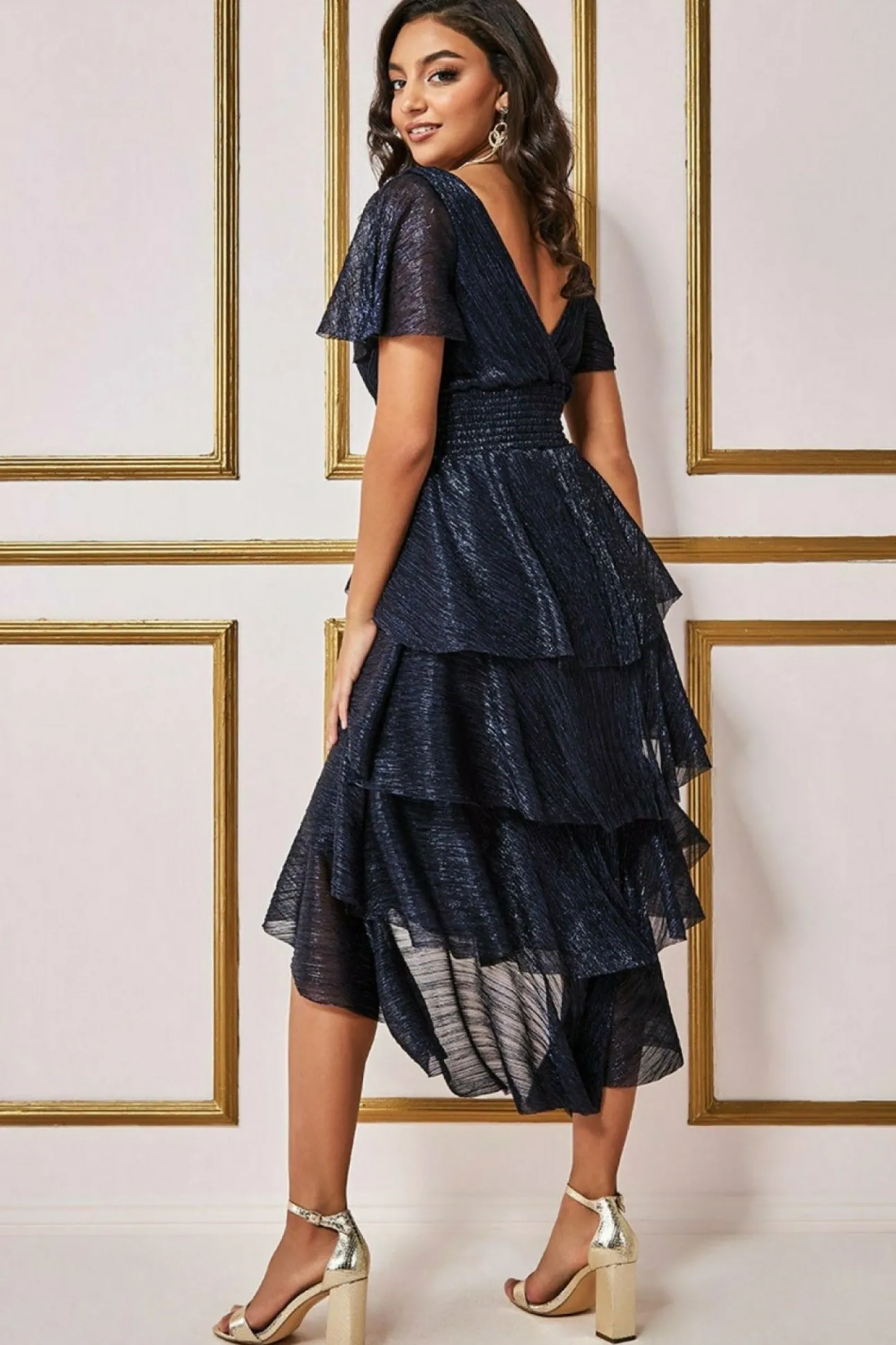 Women * Crinkle Lurex High Low Layered Midi Dress