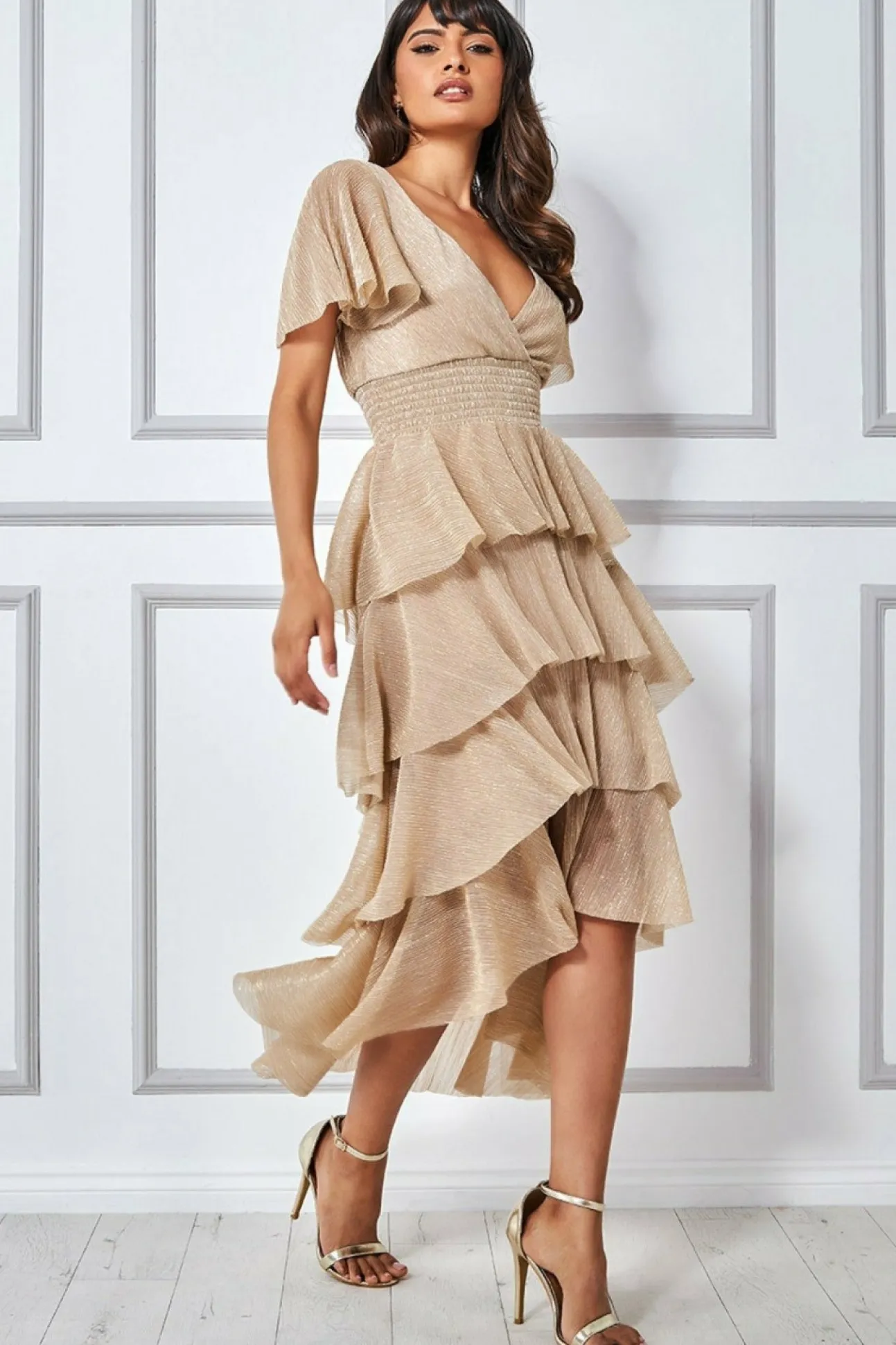 Women * Crinkle Lurex High Low Layered Midi Dress