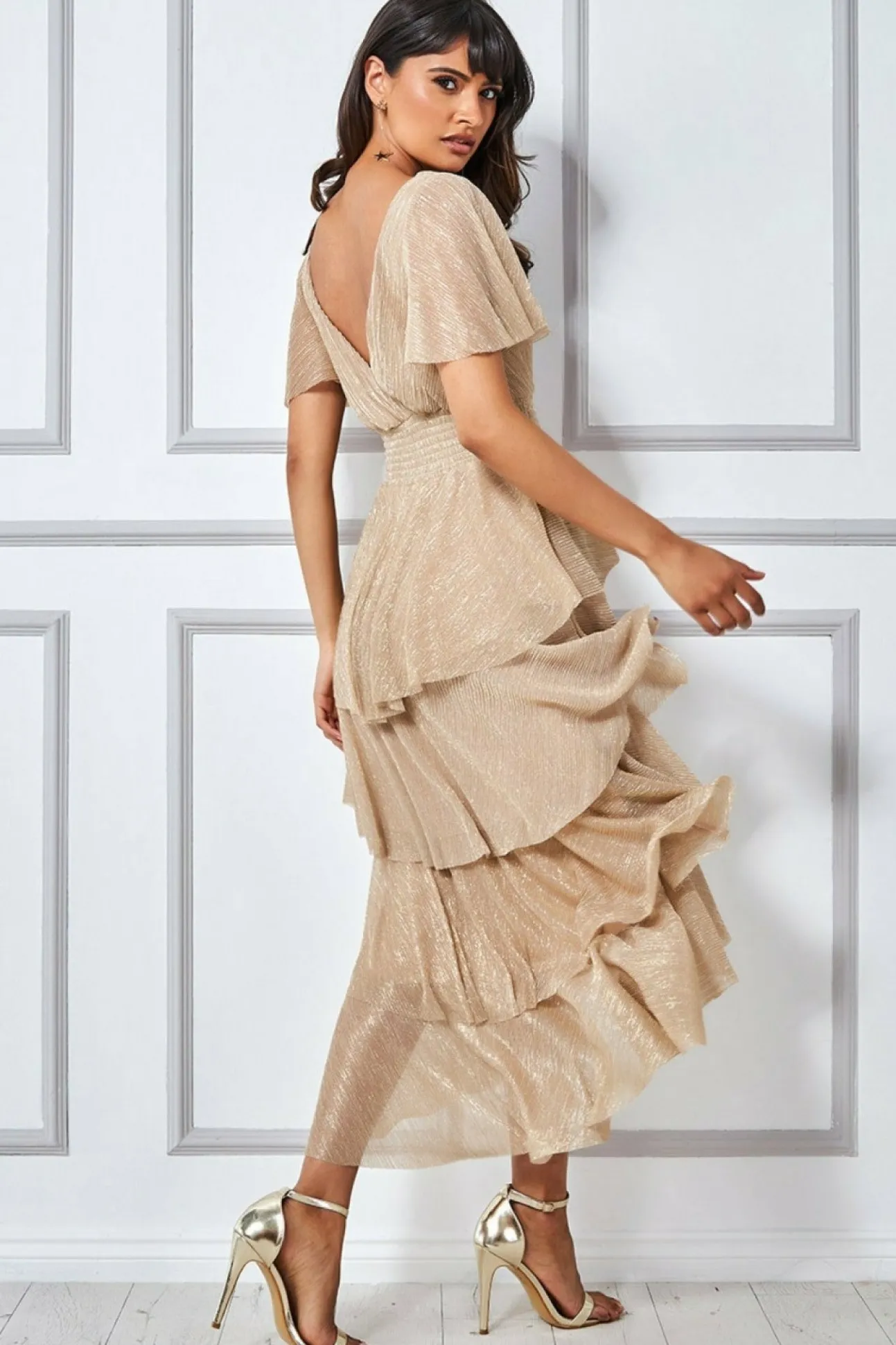 Women * Crinkle Lurex High Low Layered Midi Dress