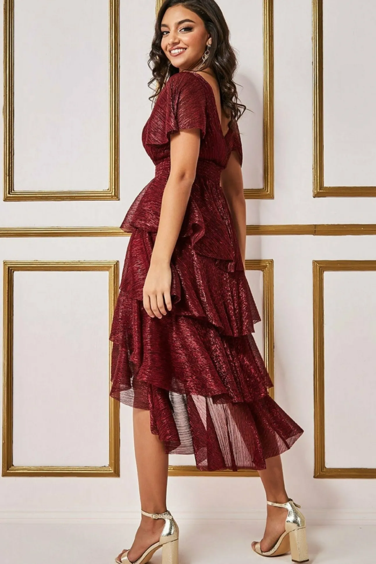 Women * Crinkle Lurex High Low Layered Midi Dress