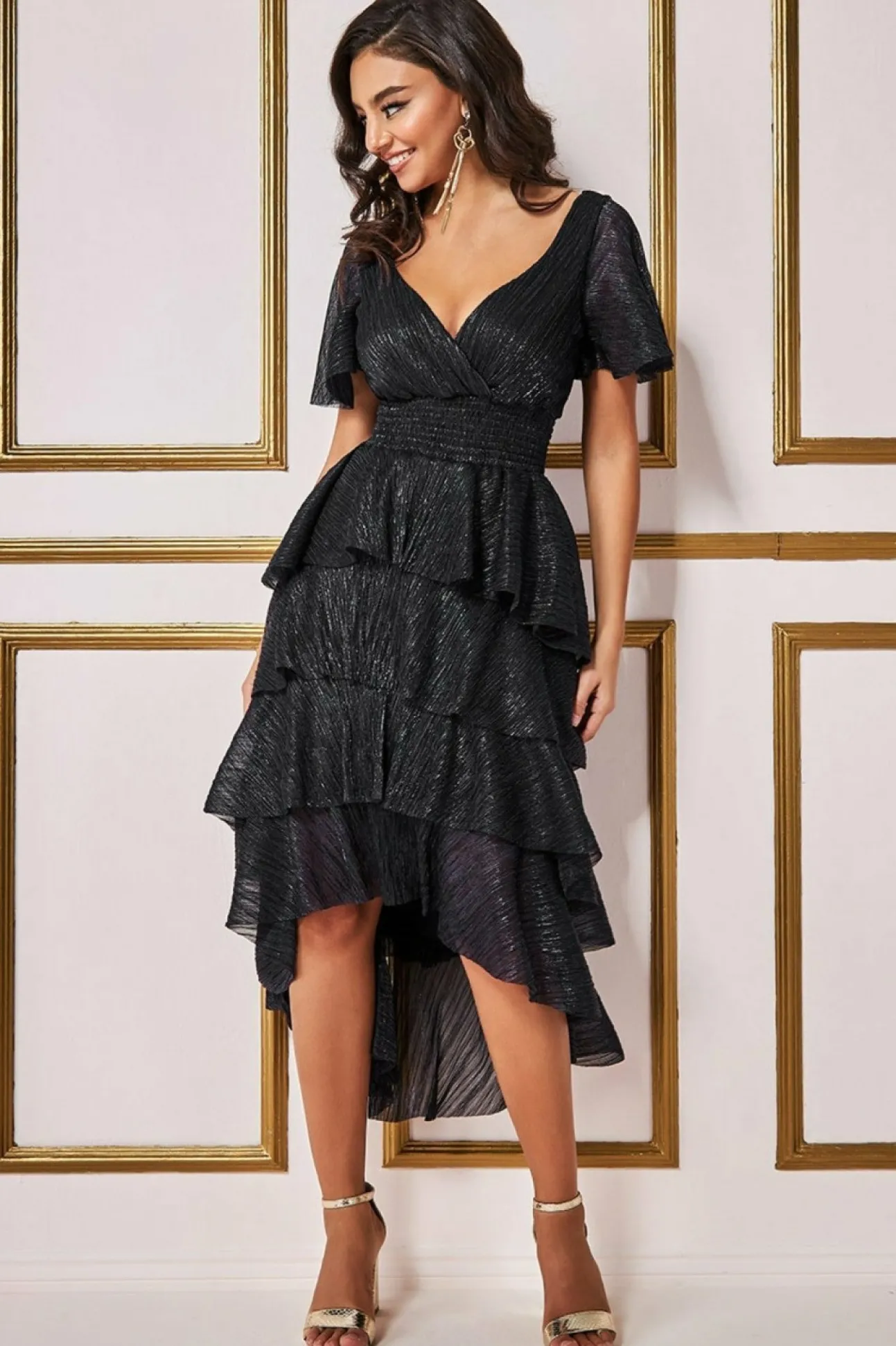 Women * Crinkle Lurex High Low Layered Midi Dress