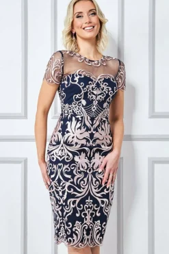 Women * Embroidered Mesh & Lace Midi Scalloped Hem