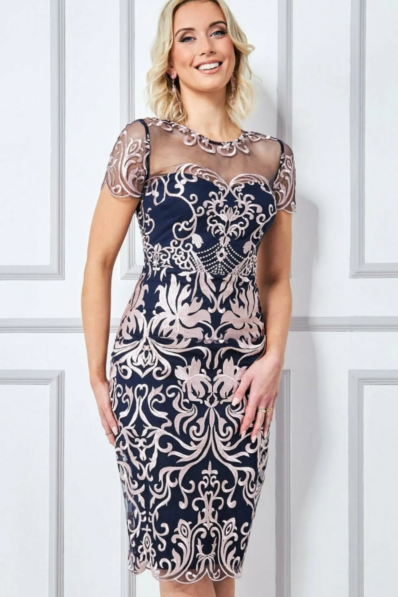 Women * Embroidered Mesh & Lace Midi Scalloped Hem