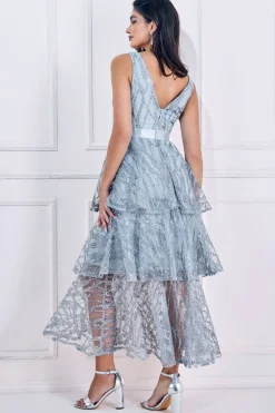 Women * Embroidered Mesh Tiered Midi Dress