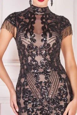 Women * Embroidered Sequin Beaded Cap Sleeve Maxi