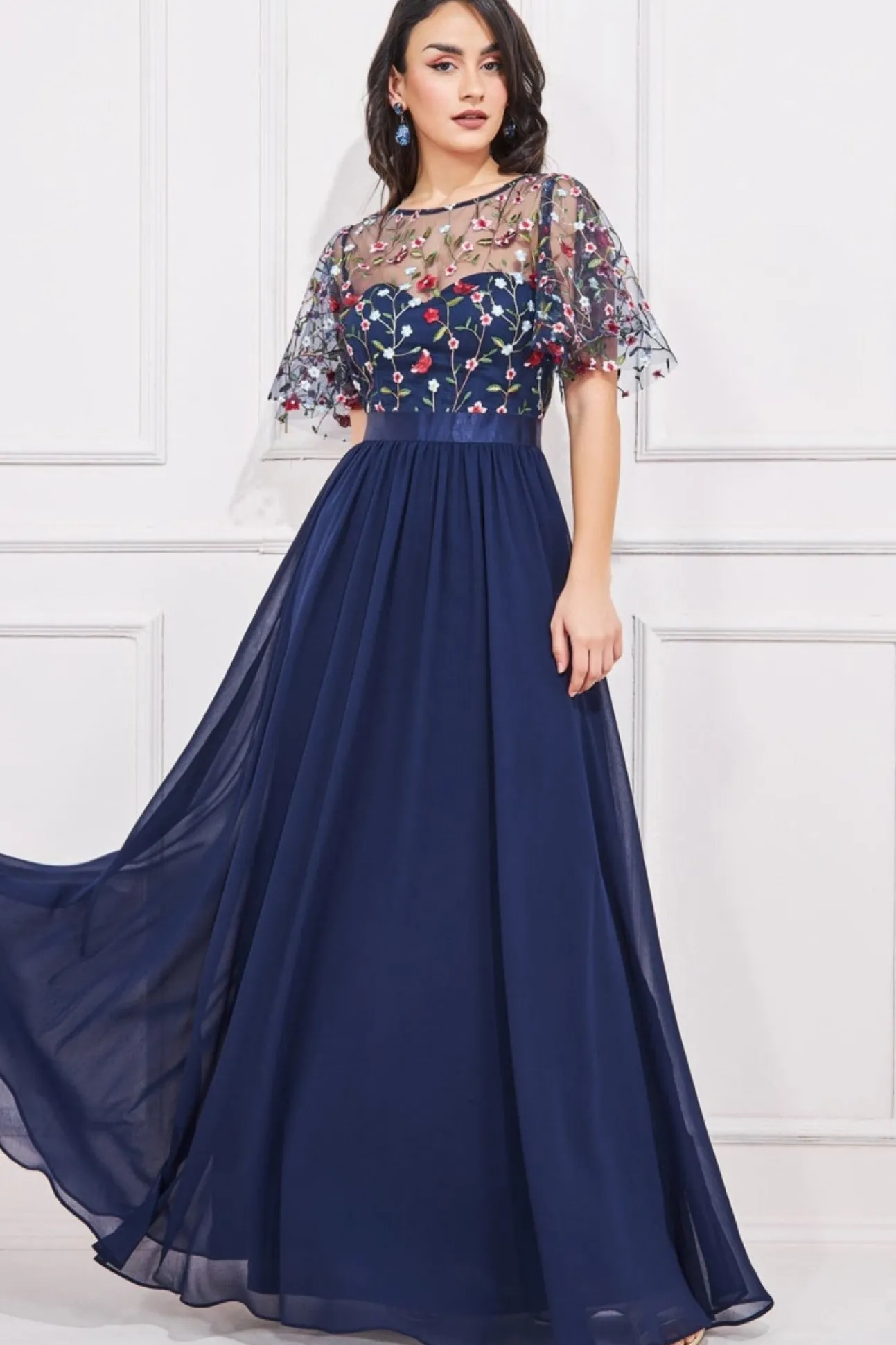 Women * Embroidered Top Flutter Sleeve Maxi