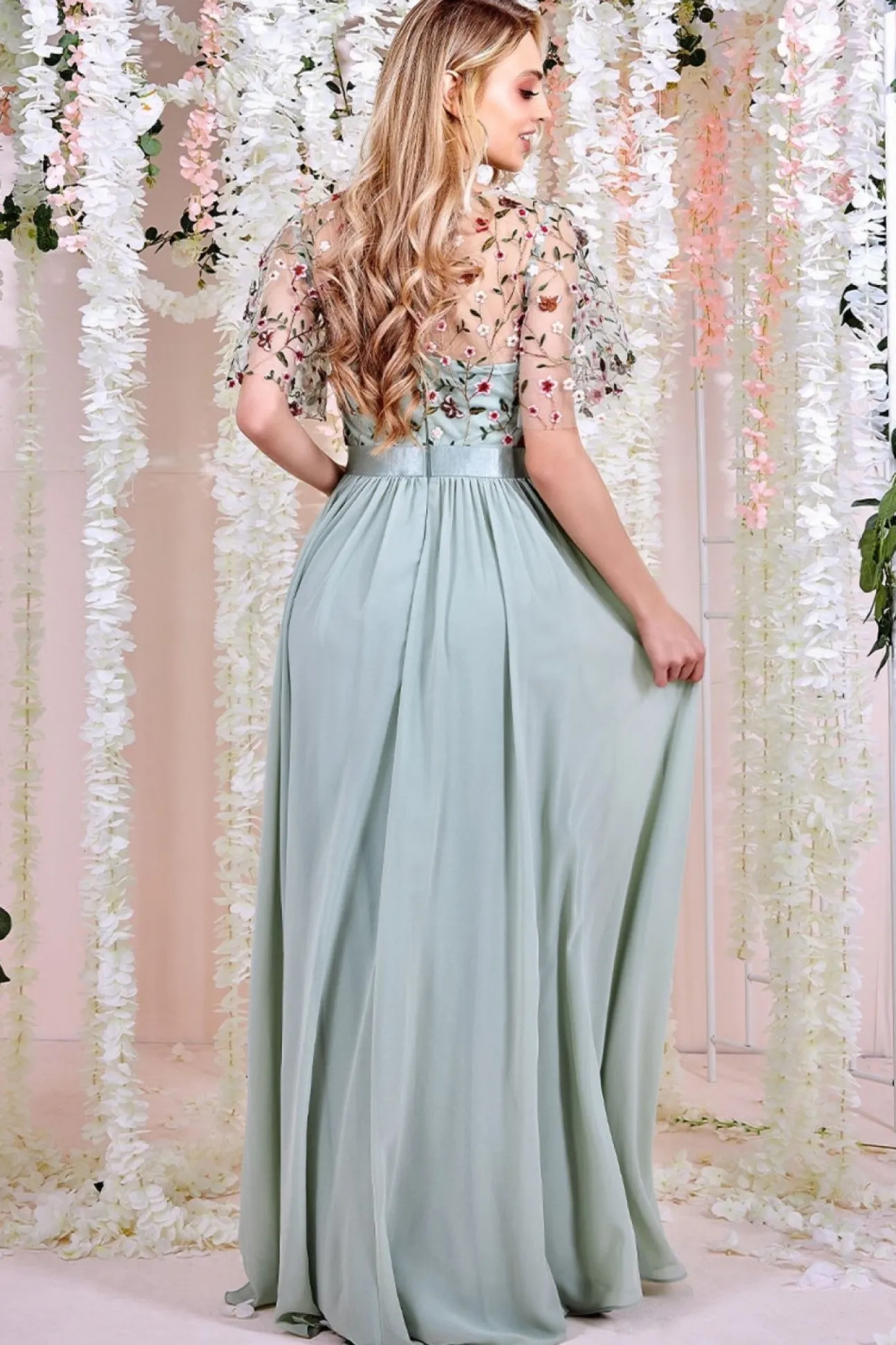Women * Embroidered Top Flutter Sleeve Maxi