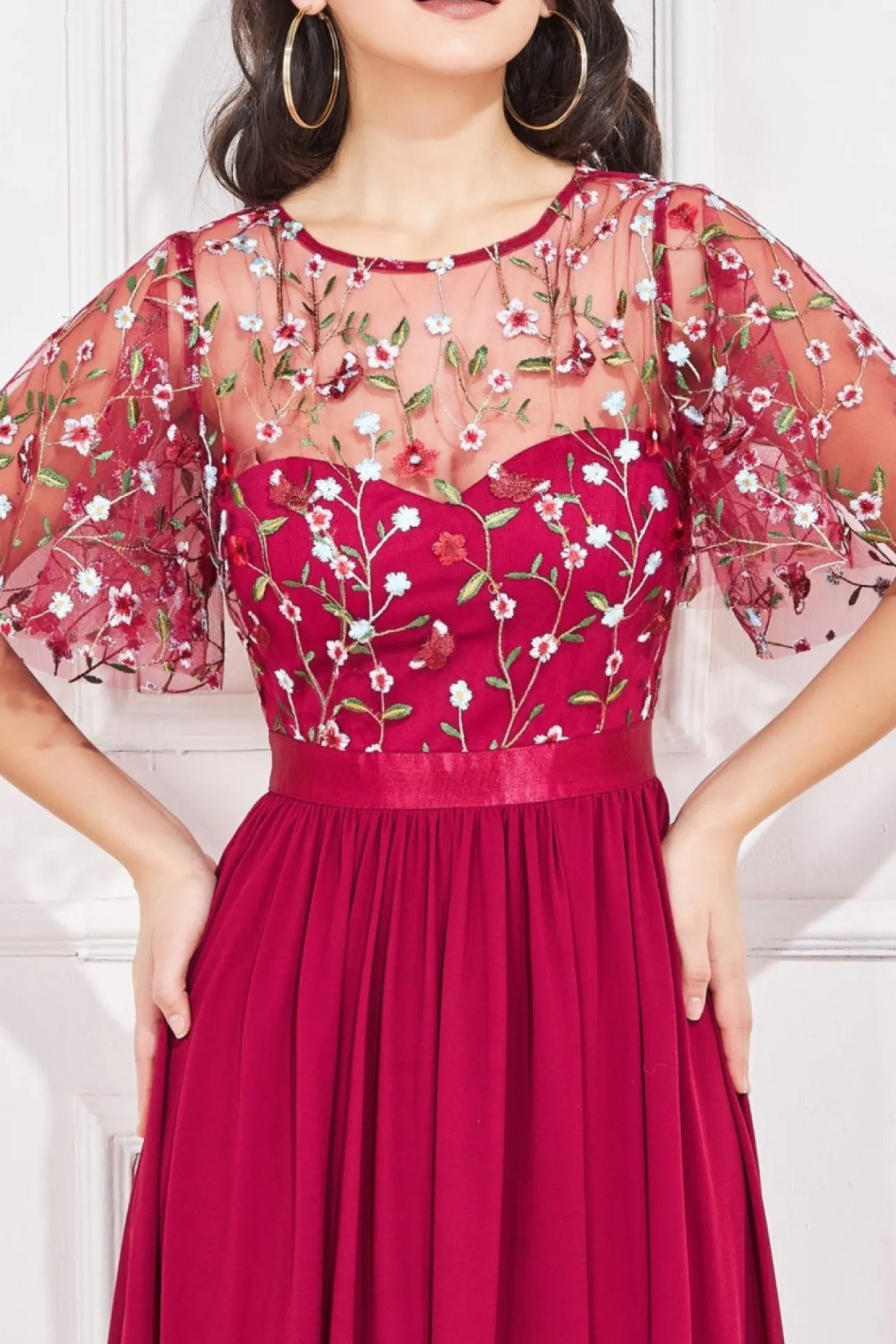 Women * Embroidered Top Flutter Sleeve Maxi