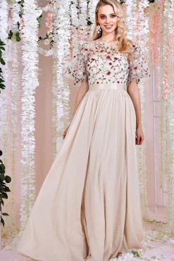 Women * Embroidered Top Flutter Sleeve Maxi