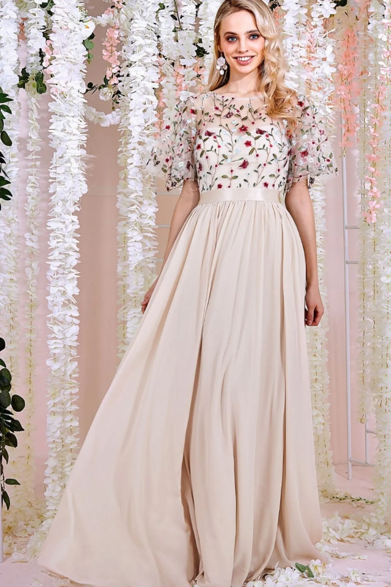 Women * Embroidered Top Flutter Sleeve Maxi