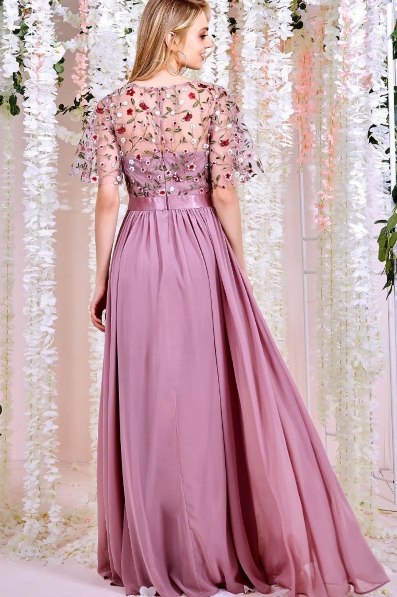 Women * Embroidered Top Flutter Sleeve Maxi