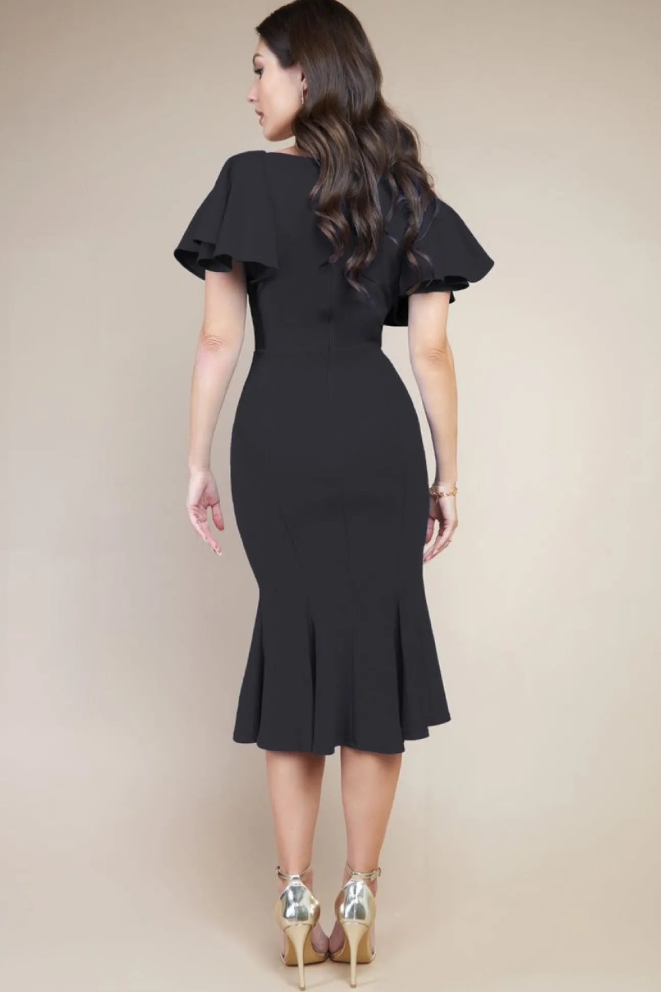 Women * Flared Sleeve Front Wrap Midi Dress