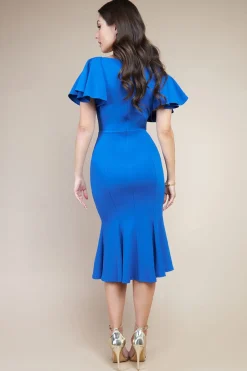 Women * Flared Sleeve Front Wrap Midi Dress - Royal Blue