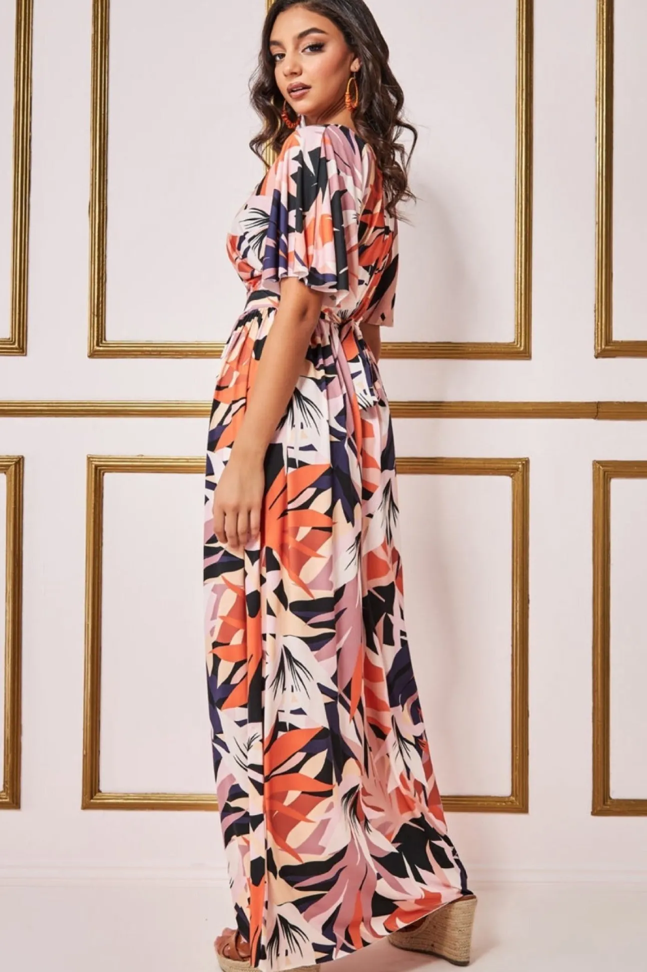 Women * Floral Print Flutter Sleeve Maxi - Orange Print