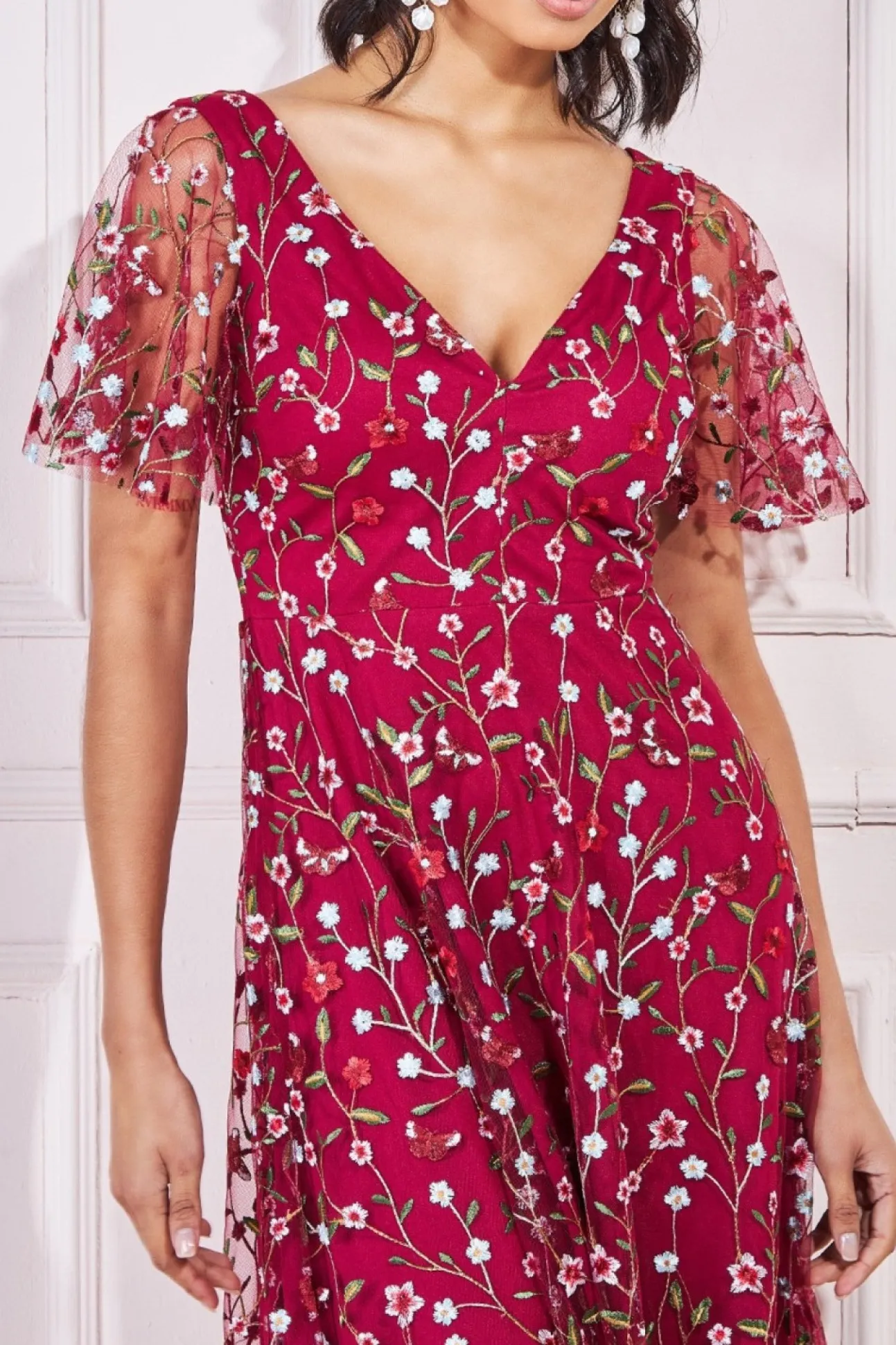 Women * Flutter Sleeve Floral Embroidered Maxi