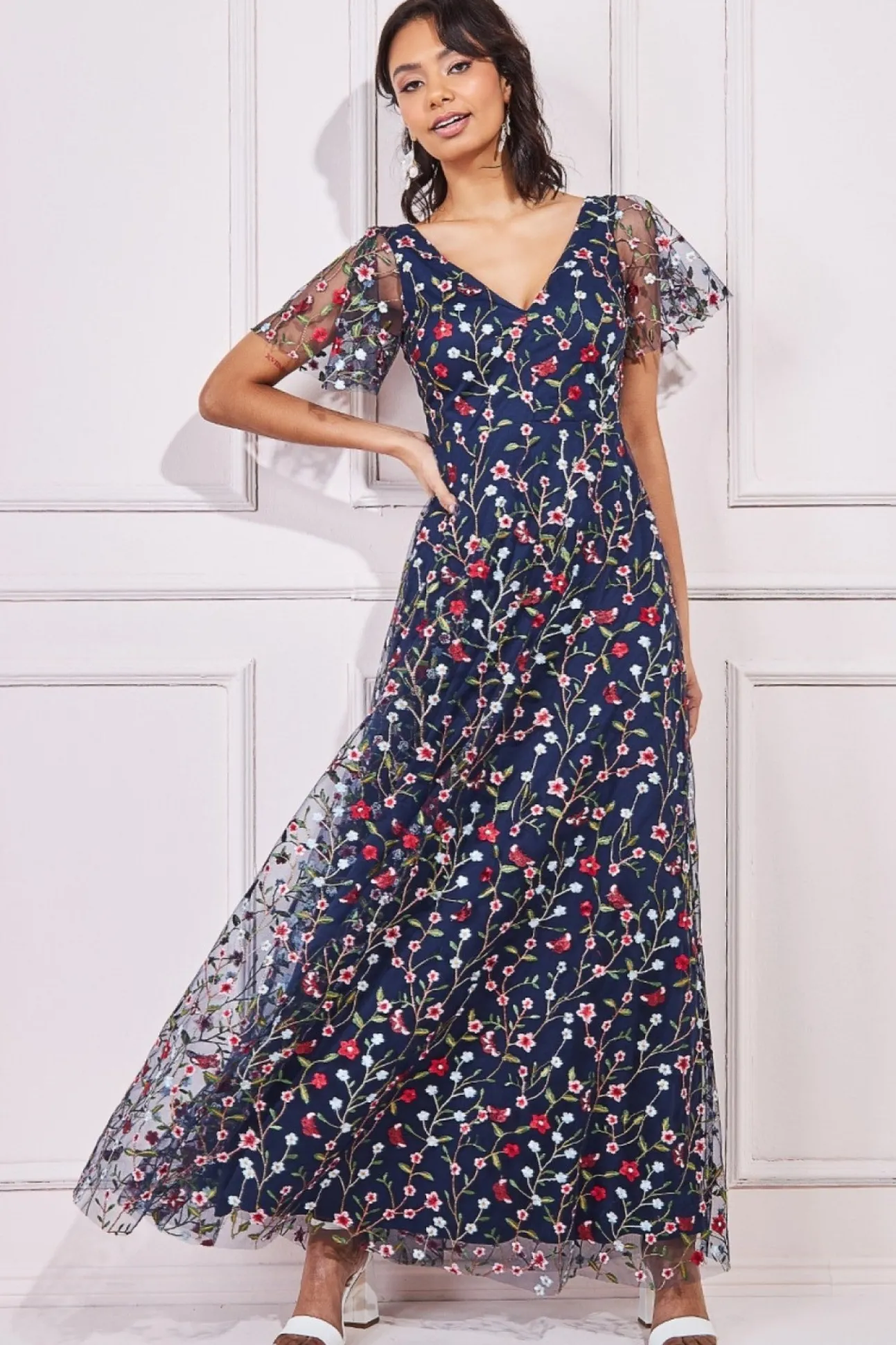 Women * Flutter Sleeve Floral Embroidered Maxi