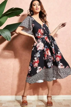 Women * Flutter Sleeve Printed Midi Dress - Leopard Print