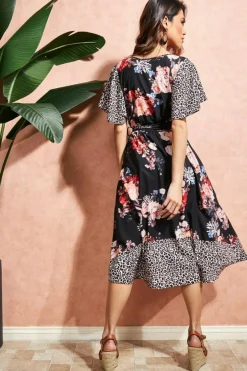 Women * Flutter Sleeve Printed Midi Dress - Leopard Print
