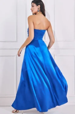 Women * Front Split Satin Bandeau Maxi - Royal Blue