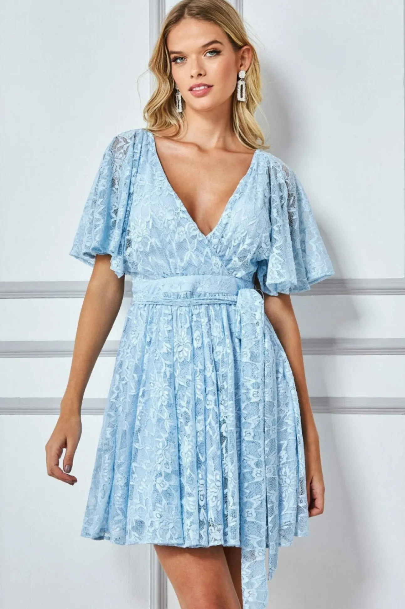 Women * Lace Kimono Wrap Skater Mini Dress - Powder Blue