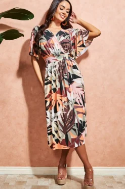 Women * Leaf Print Midi With Flutter Sleeves - Brown Print