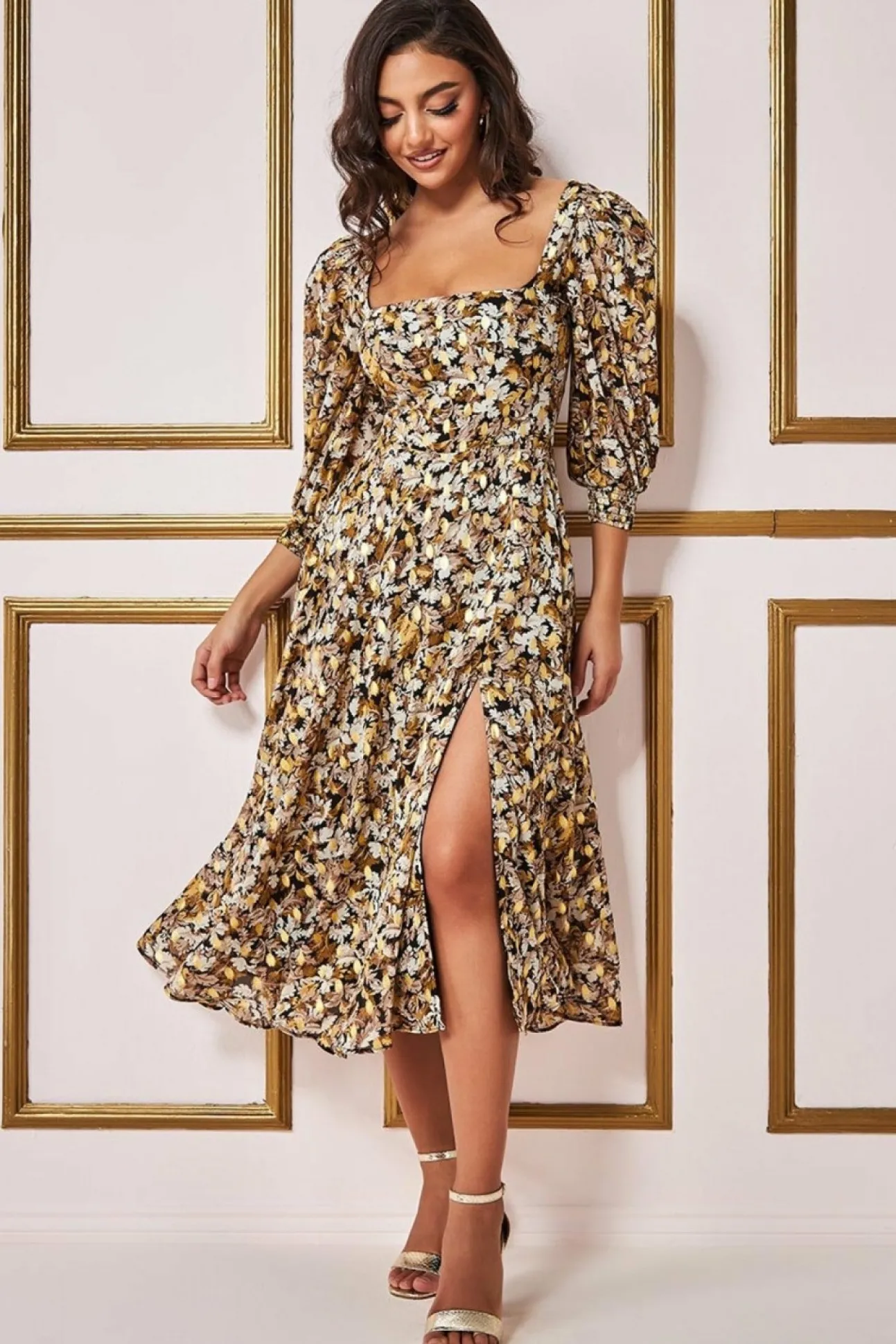 Women * Leaf Print Shirred Back Midi Dress - Leaf Print