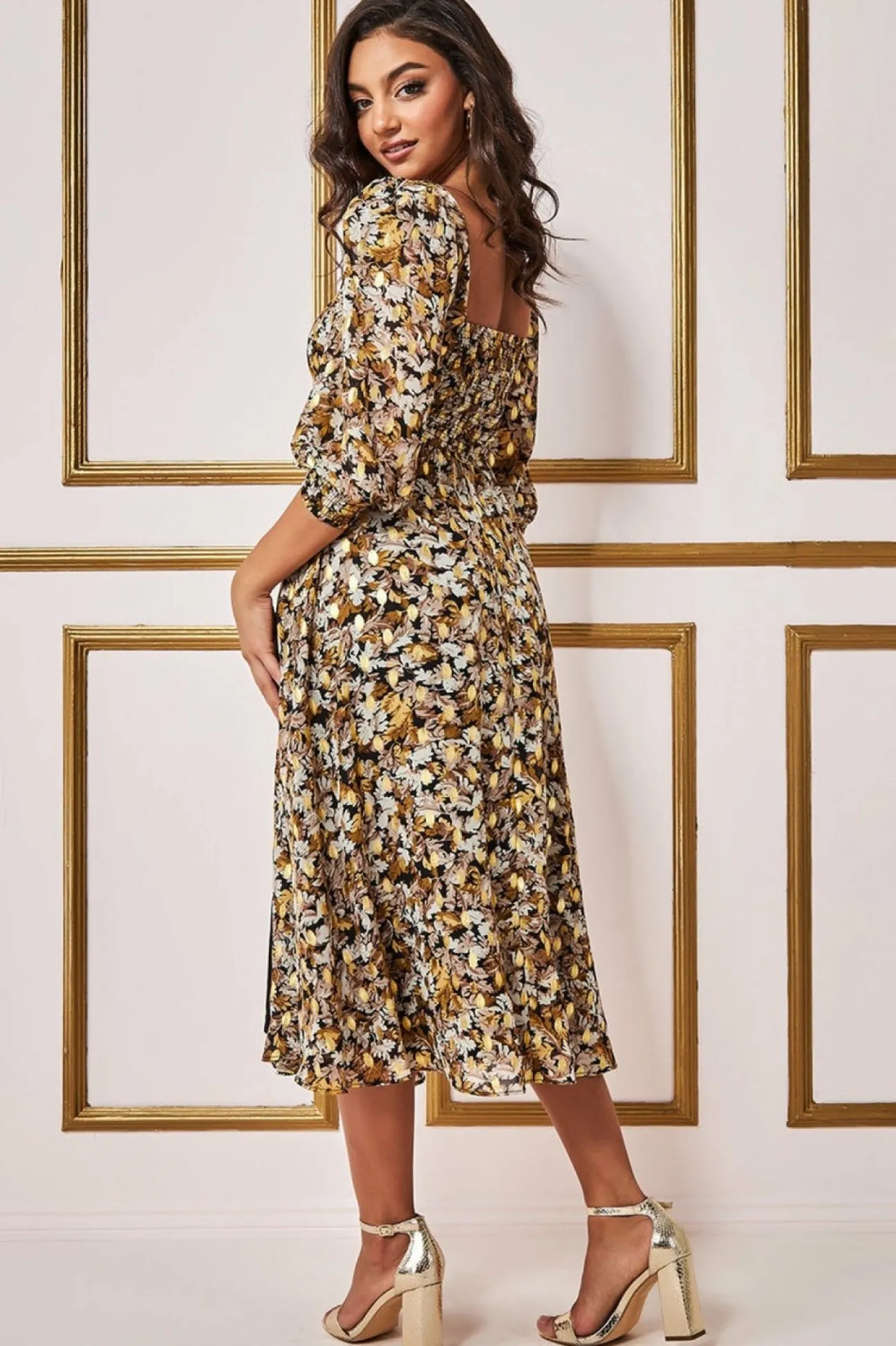 Women * Leaf Print Shirred Back Midi Dress - Leaf Print