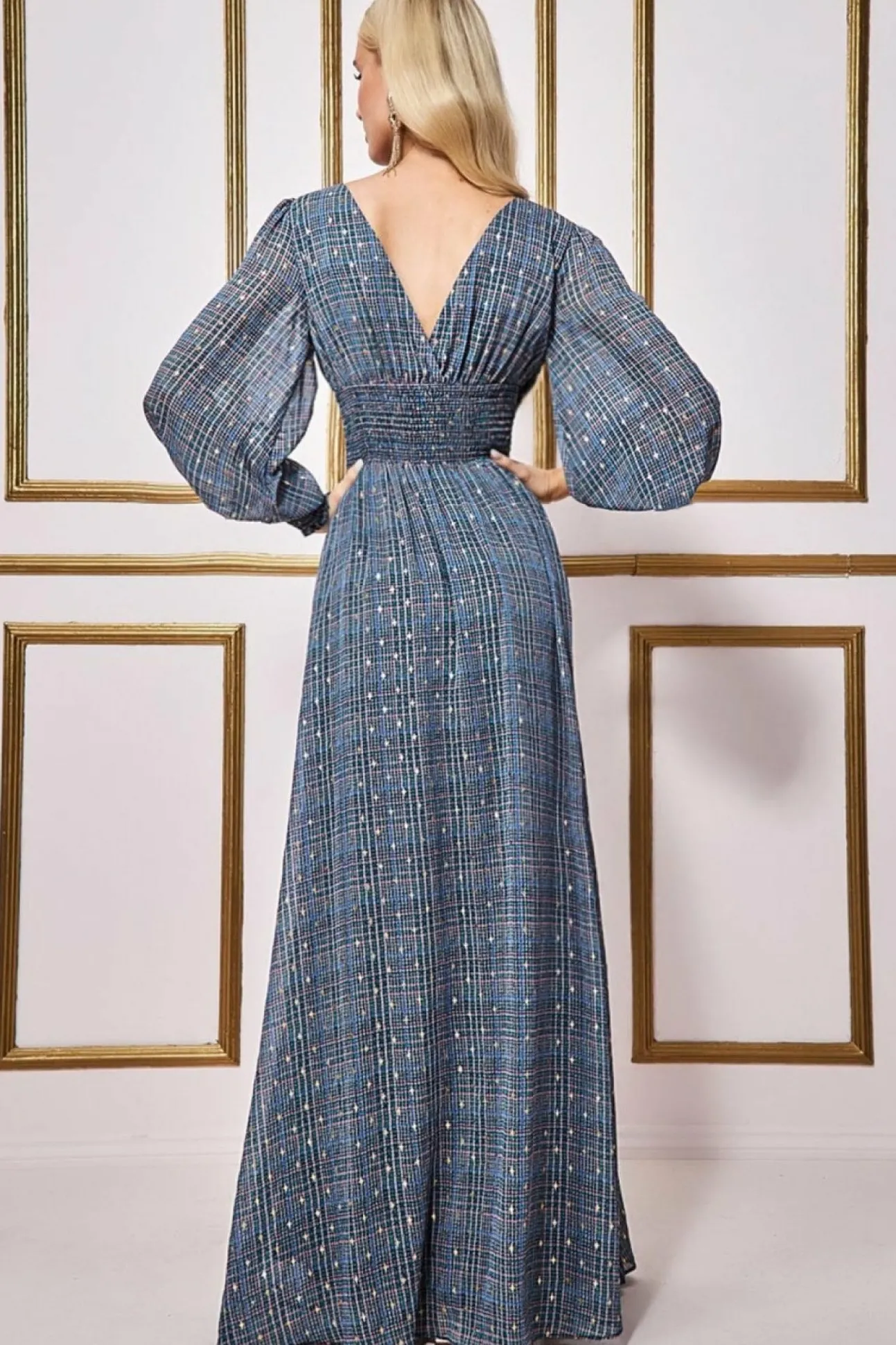 Women * Long Sleeve Maxi Shirred Waistband - Check Print