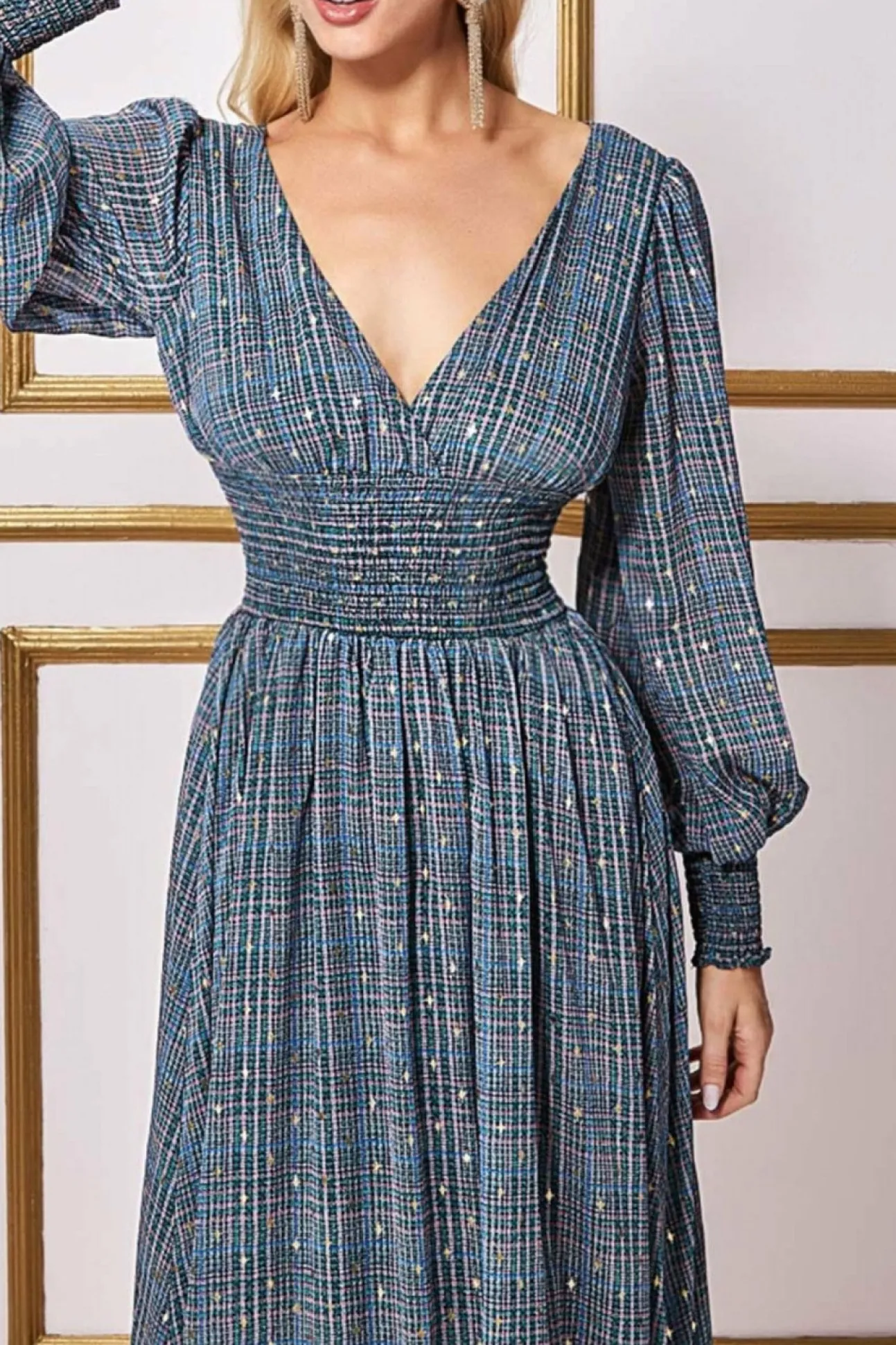 Women * Long Sleeve Maxi Shirred Waistband - Check Print