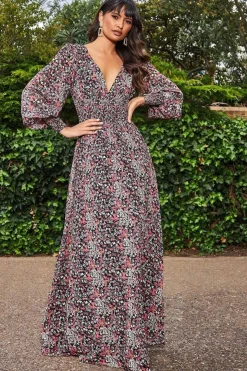 Women * Long Sleeve Maxi Shirred Waistband - Floral Print
