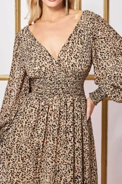 Women * Long Sleeve Maxi Shirred Waistband - Animal Print