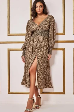 Women * Long Sleeve Midi Shirred Waistband - Animal Print